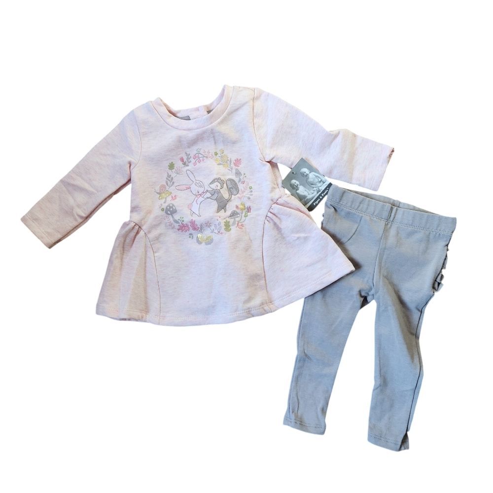 Piper & Posie Top & Ruffle Pants 2-piece Set Size 3-6 months Pink Gray NEW